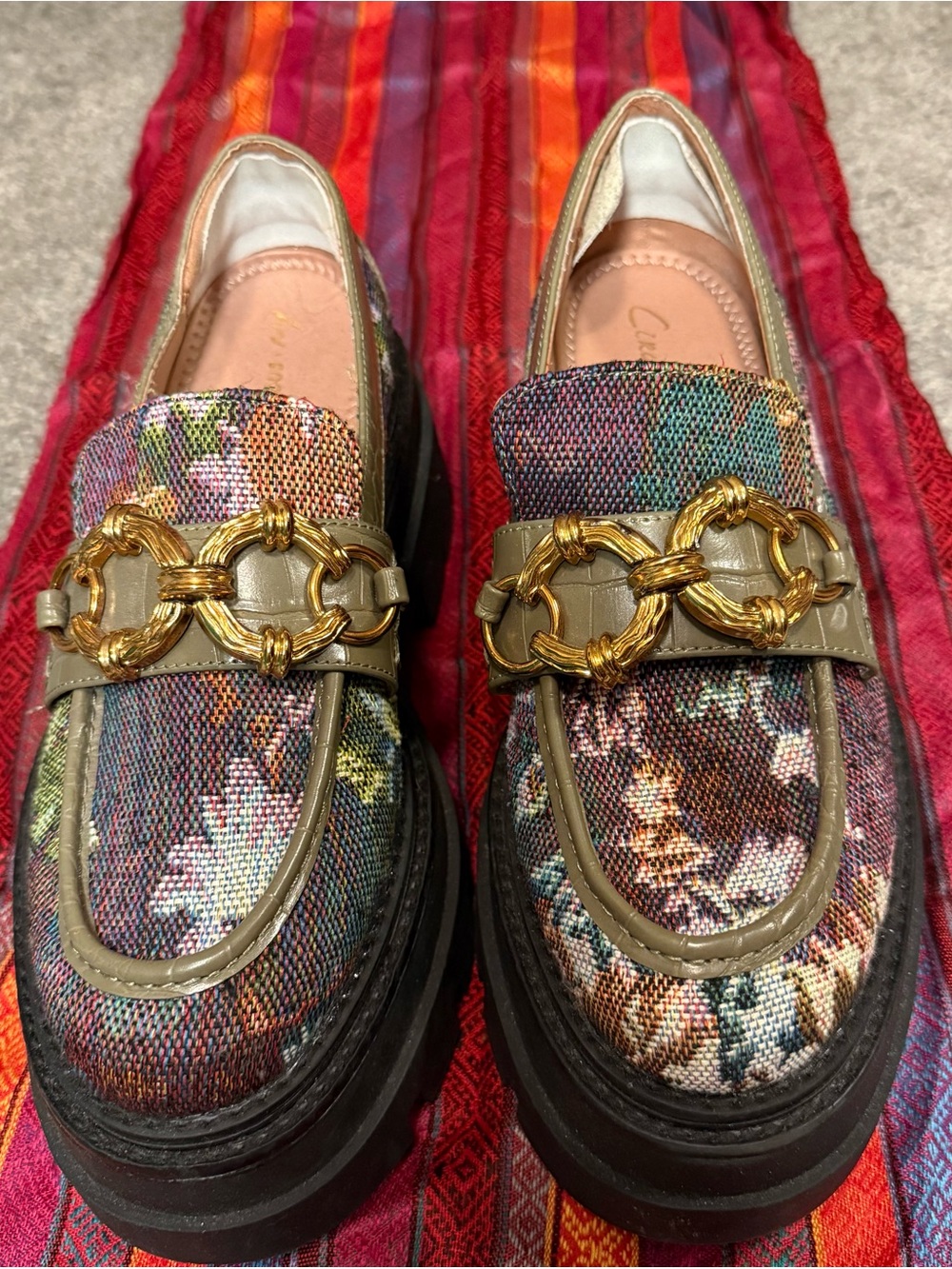 Circus NY Chunky Floral Tapestry Loafers w/Gold Chain Accent -Olive/Multicolor